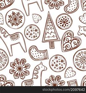 Hand-drawn ginger cookies. Vector seamless pattern. Vector pattern with ginger cookies.