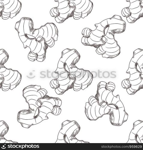 Hand drawn ginger root seamless pattern. Engraving style. Design for fabric, textile print, wrapping paper. Vector illustration. Hand drawn ginger root seamless pattern. Engraving style.
