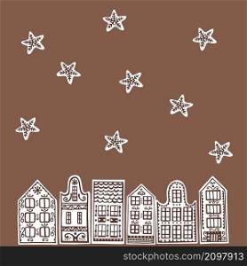 Hand drawn gingerbread houses and trees. Vector sketch illustration.