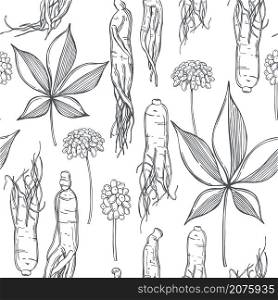 Hand drawn ginseng set. Roots, berries and leaves on white background. Vector seamless pattern. . Ginseng. Vector illustration.