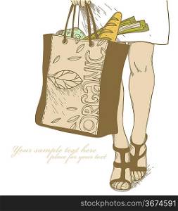 hand drawn girl holding a bag with organic vegetables and other healthy food