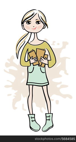 Hand drawn girl with books