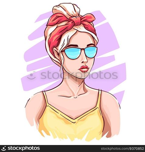 Hand drawn girl with headband. Young woman in blue sunglasses with blond hair, stylish girl and fashion woman look sketch. Luxury blonde woman, pretty lady isolated vector illustration. Hand drawn girl with headband. Young woman in blue sunglasses with blond hair, stylish girl and fashion woman look sketch vector illustration