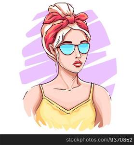 Hand drawn girl with headband. Young woman in blue sunglasses with blond hair, stylish girl and fashion woman look sketch. Luxury blonde woman, pretty lady isolated vector illustration. Hand drawn girl with headband. Young woman in blue sunglasses with blond hair, stylish girl and fashion woman look sketch vector illustration