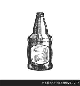 Hand Drawn Glass Bottle With Blank Label Vector. Ink Design Sketch Vintage Bottle Of Alcoholic Froth Drink Lager Or Ale. Concept Monochrome Package With Blank Label Template Cartoon Illustration. Hand Drawn Glass Bottle With Blank Label Vector