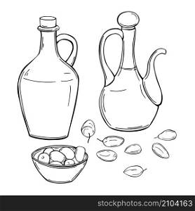 Hand drawn glass bottles with olive oil.Vector sketch illustration. Glass bottles with olive oil. Vector illustration