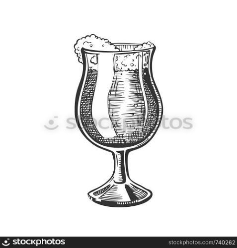 Hand Drawn Glass On Leg With Foam Beer Vector. Glass With Alcoholic Fresh Cold Liquid Light Ale For Relaxation After Work. Closeup Monochrome Black And White Mockup Cartoon Illustration. Hand Drawn Glass On Leg With Foam Beer Vector