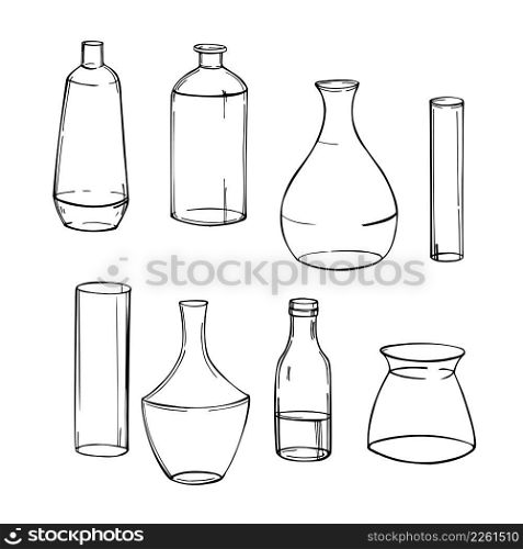 Hand-drawn glass vases and bottles. Vector sketch illustration.. Glass vases and bottles. Sketch illustration.
