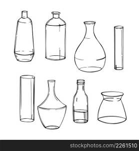 Hand-drawn glass vases and bottles. Vector sketch illustration.. Glass vases and bottles. Sketch illustration.