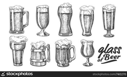 Hand Drawn Glass With Foam Bubble Beer Set Vector. Glass And Wooden Goblet With Alcoholic Cold Beverage Light Lager Or Ale. Closeup Monochrome Tavern Mug With Drink Template Cartoon Illustration. Hand Drawn Glass With Foam Bubble Beer Set Vector