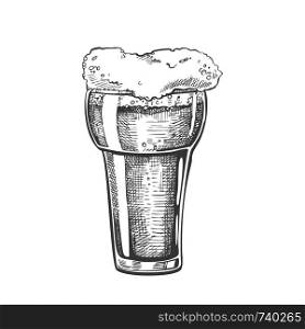 Hand Drawn Glass With Foam Bubble Drink Vector. Glass With Pint Of Alcoholic Fresh Cold Beverage Dark Lager In Pub. Oktoberfest Monochrome Black And White Mockup Cartoon Illustration. Hand Drawn Glass With Foam Bubble Drink Vector