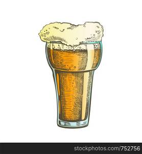 Hand Drawn Glass With Foam Bubble Drink Vector. Glass With Pint Of Alcoholic Fresh Cold Beverage Dark Lager In Pub. Oktoberfest Color Mockup Cartoon Illustration. Hand Drawn Glass Color Foam Bubble Drink Vector