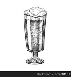 Hand Drawn Glass With Froth Bubble Beer Vector. Glass With Alcoholic Craft Frosty Light Lager Drink For Relaxation Time. Closeup Monochrome Black And White Template Cartoon Illustration. Hand Drawn Glass With Froth Bubble Beer Vector