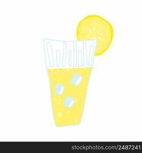 Hand drawn glass with soda, lemonade, cold tea or juice with ice and lemon slice. Vector illustration, doodle. Hand drawn glass with soda, lemonade, cold tea or juice with ice and lemon slice. Vector illustration, doodle.