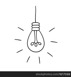 Hand drawn glowing light bulb. Collection of loft l&s in doodle style. Isolated objects on white background. Hand drawn vector set of Light Bulbs. Collection of loft l&s in doodle style.
