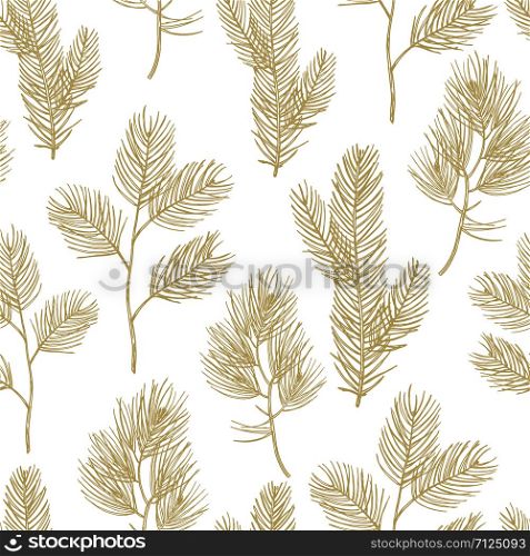 Hand drawn golden fir branches seamless pattern background on white backdrop illustration. Hand drawn golden fir branches seamless pattern background