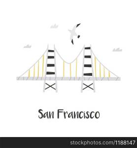 Hand drawn Golden Gate Bridge in San Francisco. Stylized vector illustration of famous attraction. Doodle image for prints, posters, graphic design, travel guides. Hand drawn Golden Gate Bridge in San Francisco