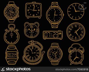 Hand drawn golden wristwatch, doodle sketch watches, alarm clocks and timepiece isolated on black background. Vector illustration. Hand drawn wristwatch, doodle sketch watches