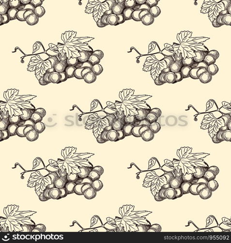 Hand drawn grape bunches and leaves seamless pattern. Engraving style. Design for fabric, vintage packaging, wrapping paper. Vector illustration. Hand drawn grape bunches and leaves seamless pattern.