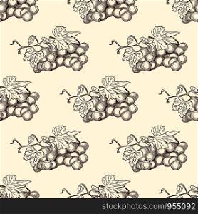 Hand drawn grape bunches and leaves seamless pattern. Engraving style. Design for fabric, vintage packaging, wrapping paper. Vector illustration. Hand drawn grape bunches and leaves seamless pattern.