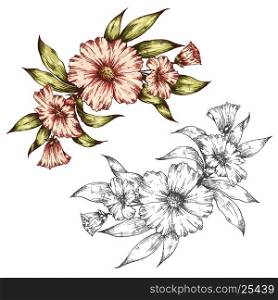 Hand drawn graphic floral bouquet vector illustration. Can be used for greeting card, posters, flyers, brochures, invitation, wedding and save the date template design cards