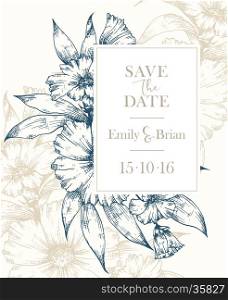 Hand drawn graphic floral card. Floral botanical vector frame. Wedding invitation, Invitation, Save the date, RSVP, Reception, Thank you card template with floral bouquet background