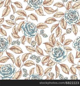Hand drawn graphic floral garden seamless pattern. Vector flower background illustration in pastel colors. Decorative backdrop for fabric, textile, wrapping paper, card, invitation, wallpaper, web design.