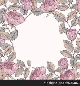 Hand drawn graphic floral wreath. Vector rose background illustration. Decorative backdrop for fabric, textile, wrapping paper, card, invitation, wallpaper, web design.