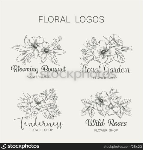 Hand drawn graphic set of flower and garden logo template. Floral label, symbol, badge, tag. Elegant flower logo design. Vector illustration.