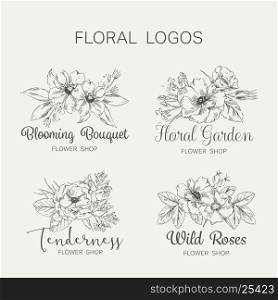 Hand drawn graphic set of flower and garden logo template. Floral label, symbol, badge, tag. Elegant flower logo design. Vector illustration.
