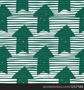 Hand drawn green arrow seamless pattern on stripes background. For book covers, wallpapers, graphic art, wrapping paper and textile design. Vector illustration. Hand drawn green arrow seamless pattern on stripes background.
