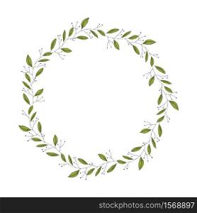 Hand drawn green isolated template vector illustration.Retro greenery wreath in watercolor style, vintage geometric frame with leaves, foliage and botanical wedding elements.
