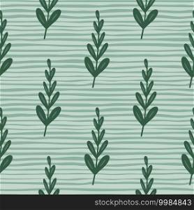 Hand drawn green leaves branches ornament seamless doodle pattern. Blue striped background. Perfect for fabric design, textile print, wrapping, cover. Vector illustration.. Hand drawn green leaves branches ornament seamless doodle pattern. Blue striped background.