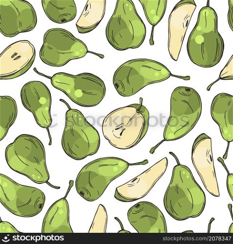 Hand drawn green pears on white background. Vector seamless pattern.. Hand drawn pears. Vector pattern.