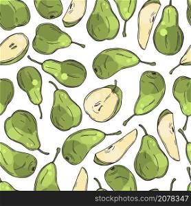 Hand drawn green pears on white background. Vector seamless pattern.. Hand drawn pears. Vector pattern.