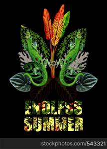 Hand drawn green spotted lizard together with banana, palm and begonia leaf. Trendy slogan endless summer mask on tropic backdrop with flowers Strelitzia and plumeria on a black background