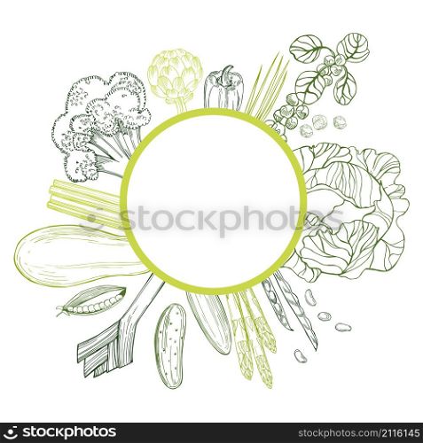 Hand drawn green vegetables on white background. Vector frame.. Hand drawn green vegetables on white background.