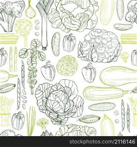 Hand drawn green vegetables on white background. Vector seamless pattern . Hand drawn green vegetables. Vector seamless pattern