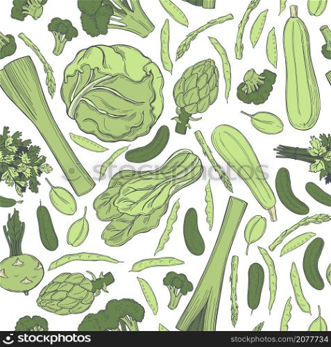 Hand drawn green vegetables on white background. Vector seamless pattern.. Sketch green vegetables. Vector pattern.