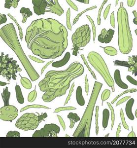 Hand drawn green vegetables on white background. Vector seamless pattern.. Sketch green vegetables. Vector pattern.