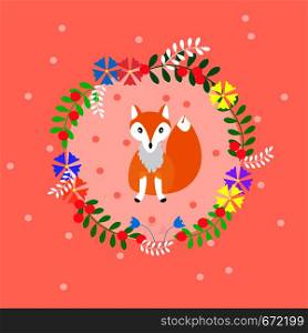 hand drawn greeting card with a wreath of leaves and flowers, with painted Doodle. the beautiful animals - a Fox