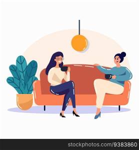 Hand Drawn group of friends chatting on sofa in flat style isolated on background