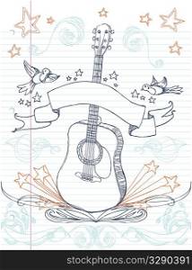 Hand drawn guitar and designs on lined paper. All elements on separate layers, easily edited.