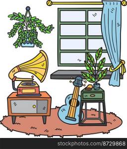 Hand Drawn guitar and window interior room illustration isolated on background