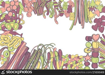 Hand-drawn gummy sweets. Jelly-chewing colored candies. Vector background.. Gummy sweets. Vector background.
