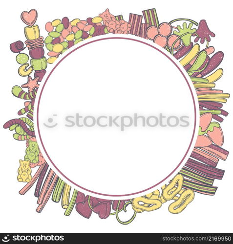 Hand-drawn gummy sweets. Jelly-chewing colored candies. Vector frame.. Gummy sweets. Vector frame.