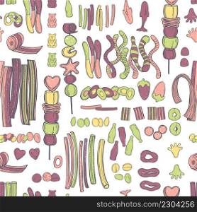 Hand-drawn gummy sweets. Jelly-chewing colored candies.Vector  seamless pattern. . Gummy sweets. Vector background.