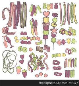 Hand-drawn gummy sweets. Jelly-chewing colored candies. Vector sketch illustration.. Gummy sweets. Sketch illustration.