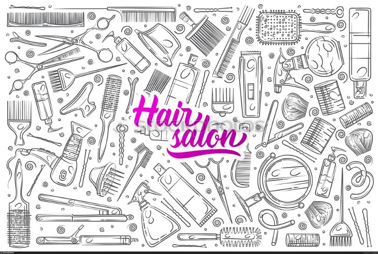 Hand drawn hair salon tools. Equipment for professional hairdresser doodle set background. Hand drawn hair salon tools.
