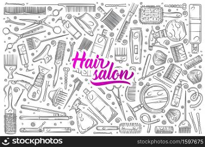 Hand drawn hair salon tools. Equipment for professional hairdresser doodle set background. Hand drawn hair salon tools.
